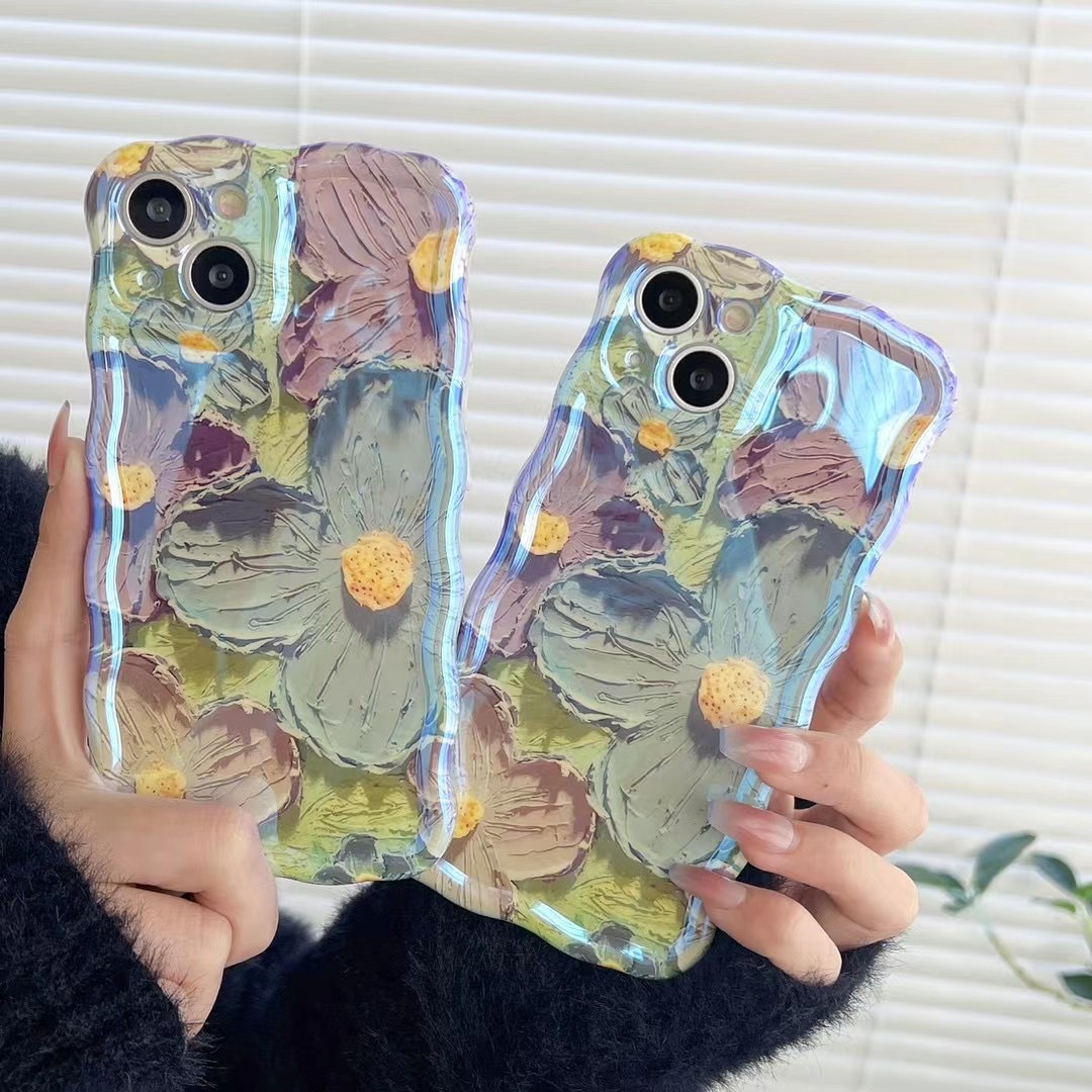 Retro Oil Painting Phone Case Blu-ray Flowers Shockproof Case For Iphone 13 12 13pro 14pro 13 Pro Max Silicone Phone Cover - Thumbnail 3