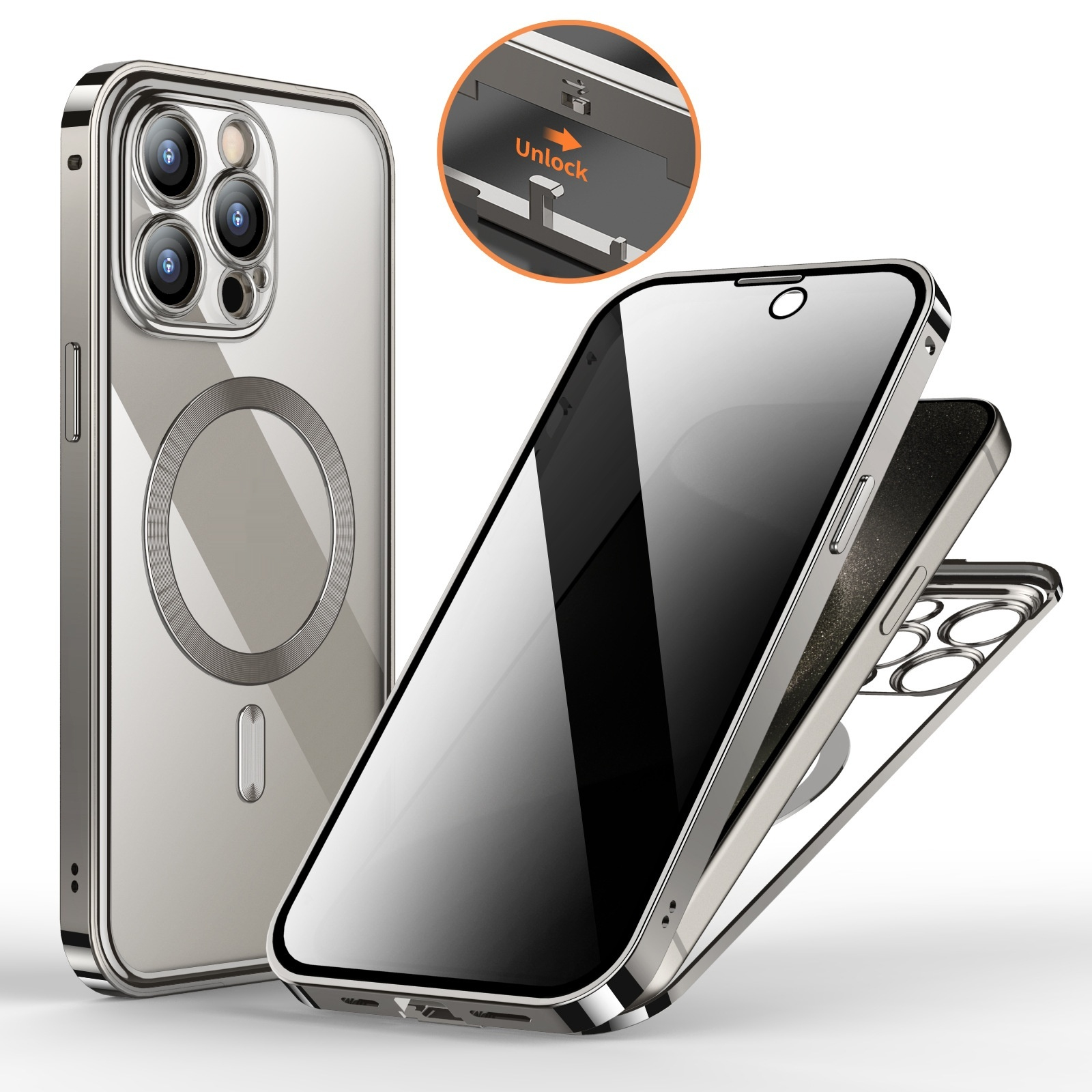 Anti-Privacy Metal Buckle Magnetic Support Wireless Charging Double-Sided Lens Full Cover Phone Case Protective Cover - Thumbnail 7