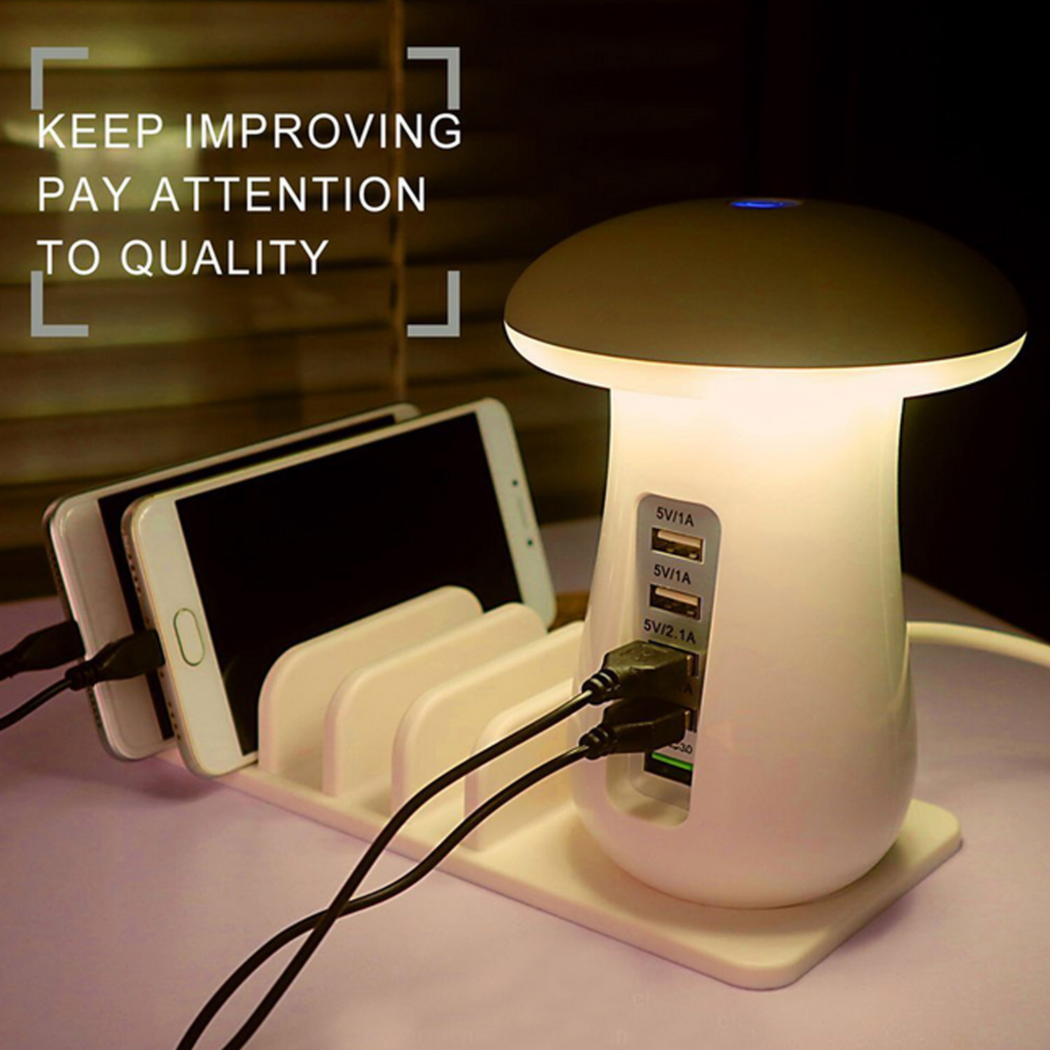 Compatible With Besegad Mushroom LED Light Lamp USB Charging Dock Station Organizer With 5-Port For Galaxy Smart Tablet - Thumbnail 3