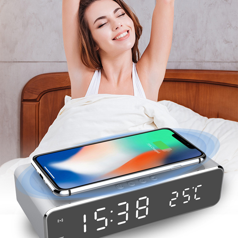 LED Electric Alarm Clock With Wireless Charger Desktop Digital Despertador Thermometer Clock HD Mirror Clock Watch Table Decor - Thumbnail 5