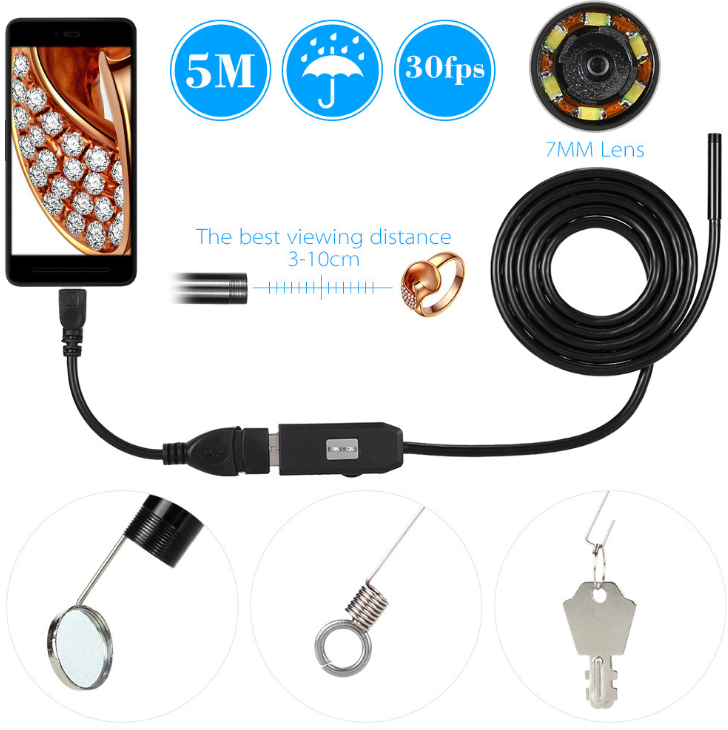 OWSOO 6 LED 7MM USB Endoscope Camera 5M Waterproof USB Wire Snake Tube Inspection Borescope For OTG Compatible Android Phones - Thumbnail 2