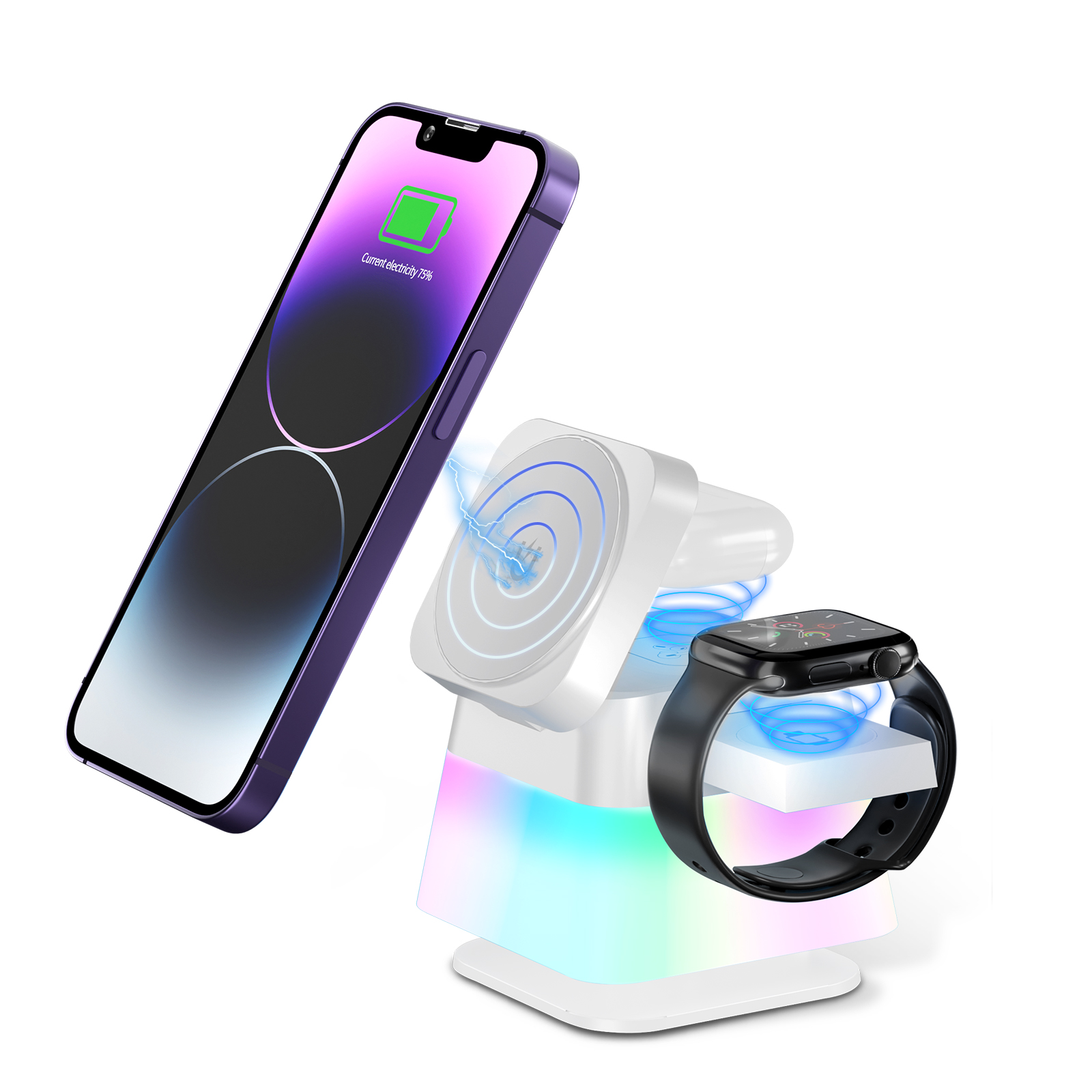 4 In 1 Rotatable Colorful Lighting Wireless Charger Stand For Phone 15 14 13 12 Pro Max 8 7 Holder Magnetic Fast Charging Station - Thumbnail 4