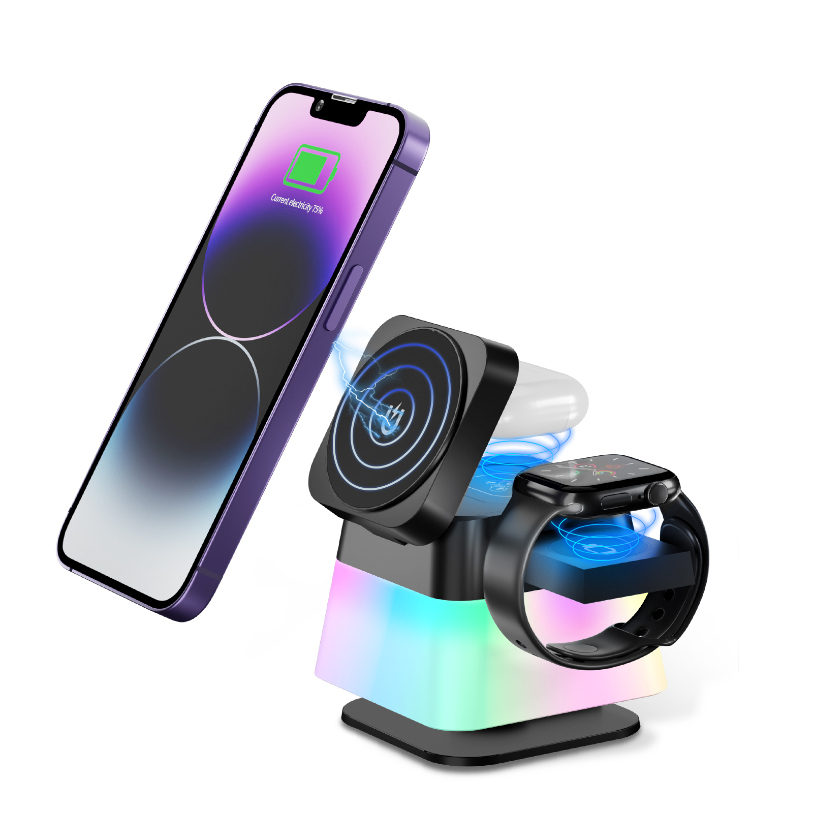 4 In 1 Rotatable Colorful Lighting Wireless Charger Stand For Phone 15 14 13 12 Pro Max 8 7 Holder Magnetic Fast Charging Station - Thumbnail 5