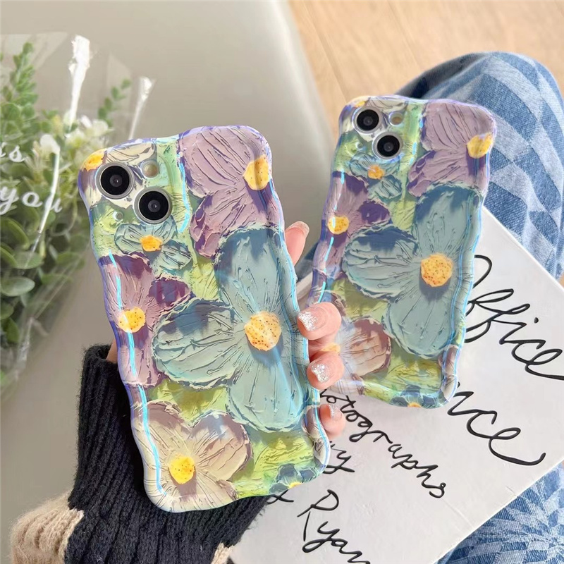Retro Oil Painting Phone Case Blu-ray Flowers Shockproof Case For Iphone 13 12 13pro 14pro 13 Pro Max Silicone Phone Cover - Thumbnail 2