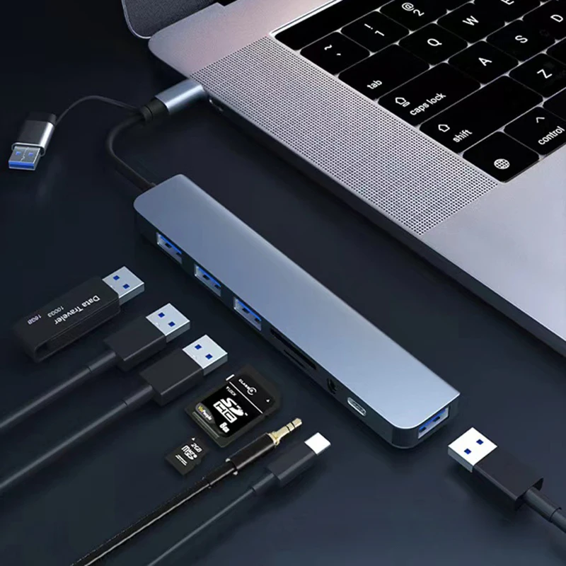 8 in 2 USB +Type C HUB Docking Station with 3.5mm Audio Jack Adapter Micro SD Card Reader Laptop Tablet Phone Disk Converter - Thumbnail 7