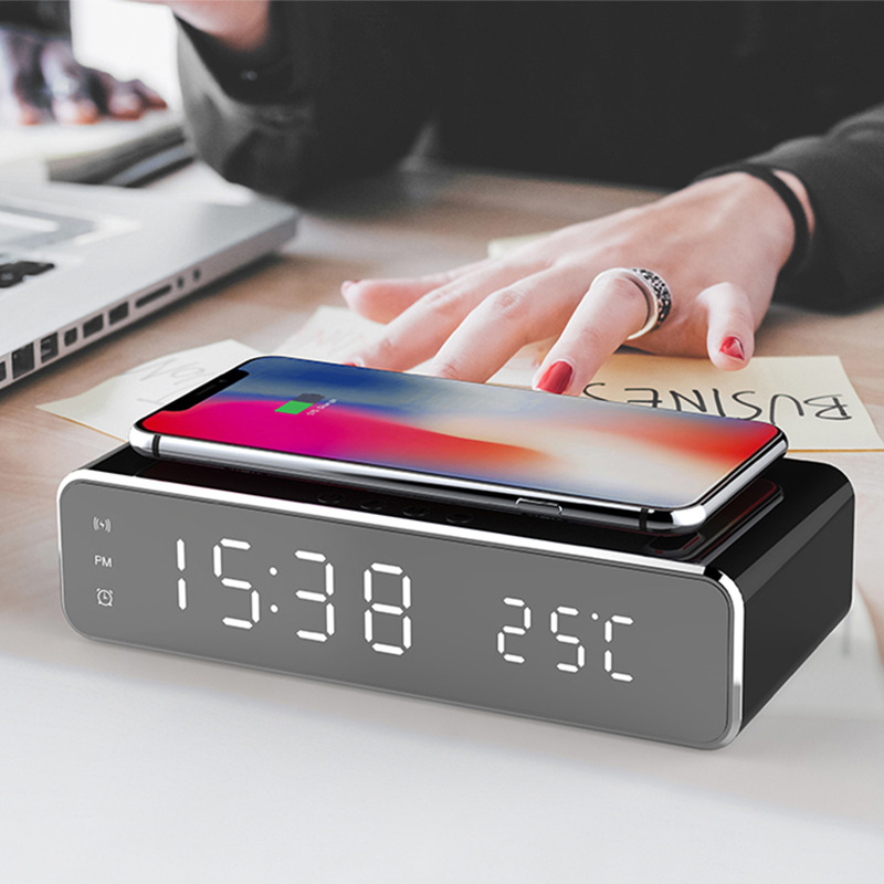 LED Electric Alarm Clock With Wireless Charger Desktop Digital Despertador Thermometer Clock HD Mirror Clock Watch Table Decor - Thumbnail 2