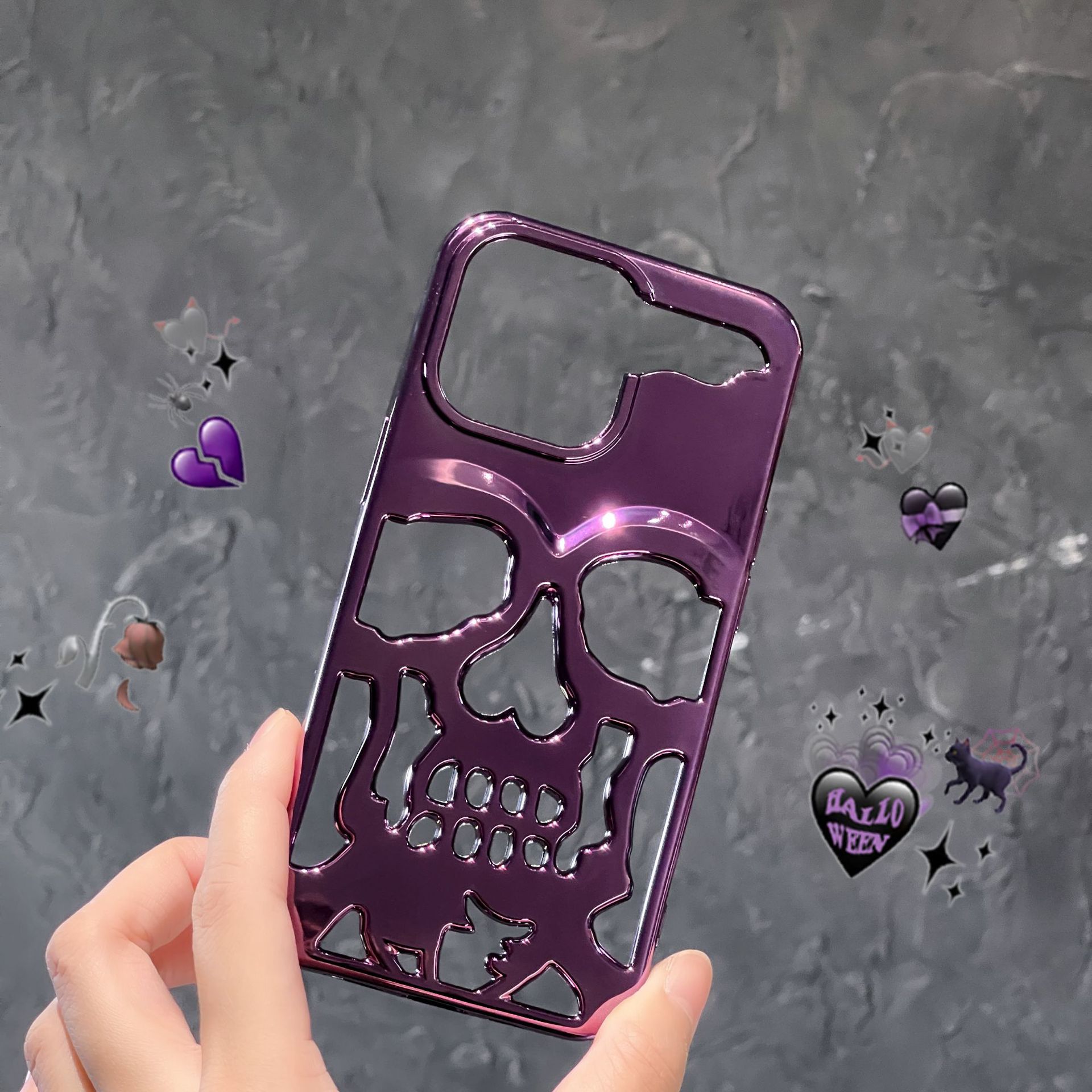 Luxury Plating 3D Skull Phone Case For I-Phone 14 Pro Max 13 12 11 Plus Breathable Glossy Hollow Out Gold Metallic Paint - Thumbnail 6