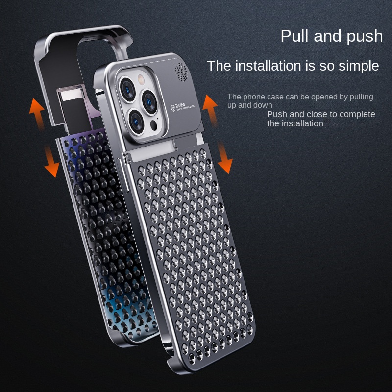 Aluminum Alloy Phone Case For 14 13 Pro Max Plus Hollow Heat Dissipation Anti-fall Full Body Shockproof Phone Cover - Thumbnail 4