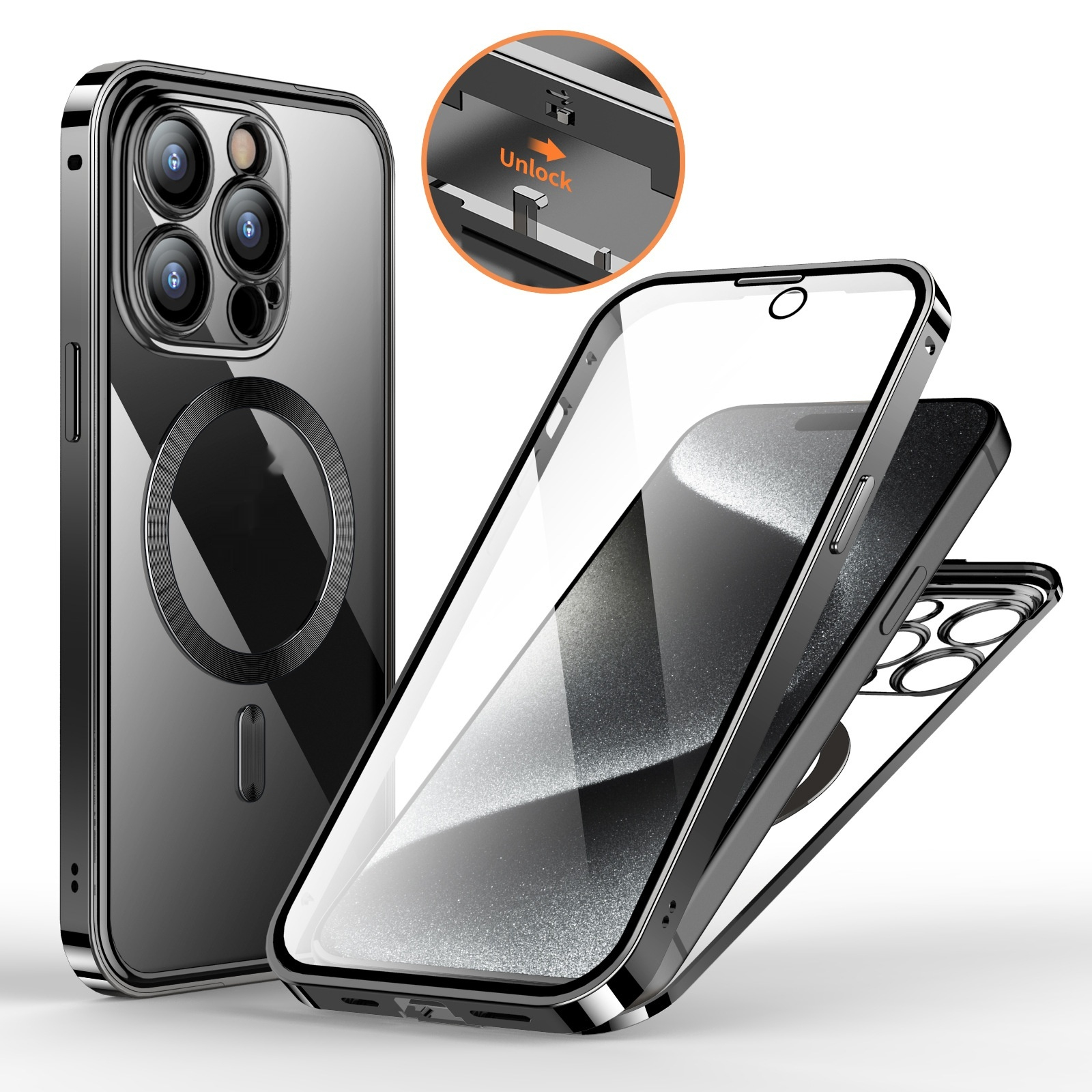 Anti-Privacy Metal Buckle Magnetic Support Wireless Charging Double-Sided Lens Full Cover Phone Case Protective Cover - Thumbnail 6